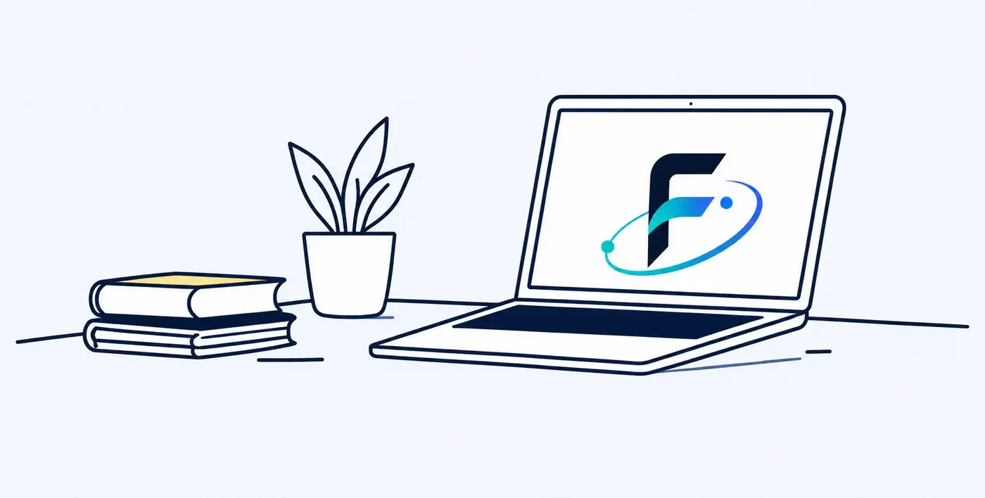 Ilustração de uma mesa de estudos com laptop exibindo o logo FiSkar, livros e uma planta