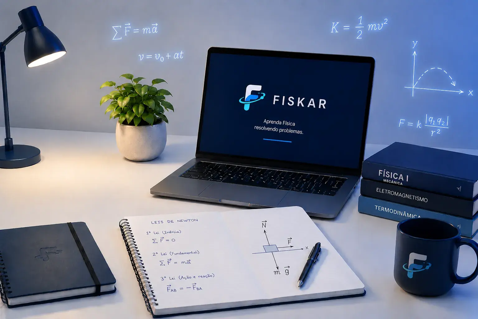 Mesa de estudos de Física com laptop FiSkar, livros, caderno e fórmulas