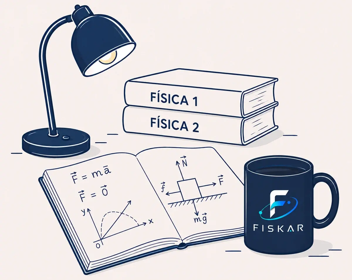 Ilustração de livros de Física, luminária, caderno com fórmulas e uma caneca FiSkar